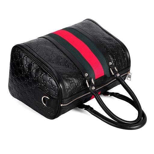 1:1 Gucci 247205 Vintage Web Medium Boston Bags-Black Guccissima Leather